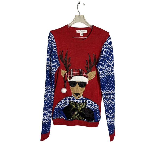 Jolly Sweaters Sweaters - Funny Christmas Sweater With Reindeer Wearing Sunglasses & Santa Hat Red